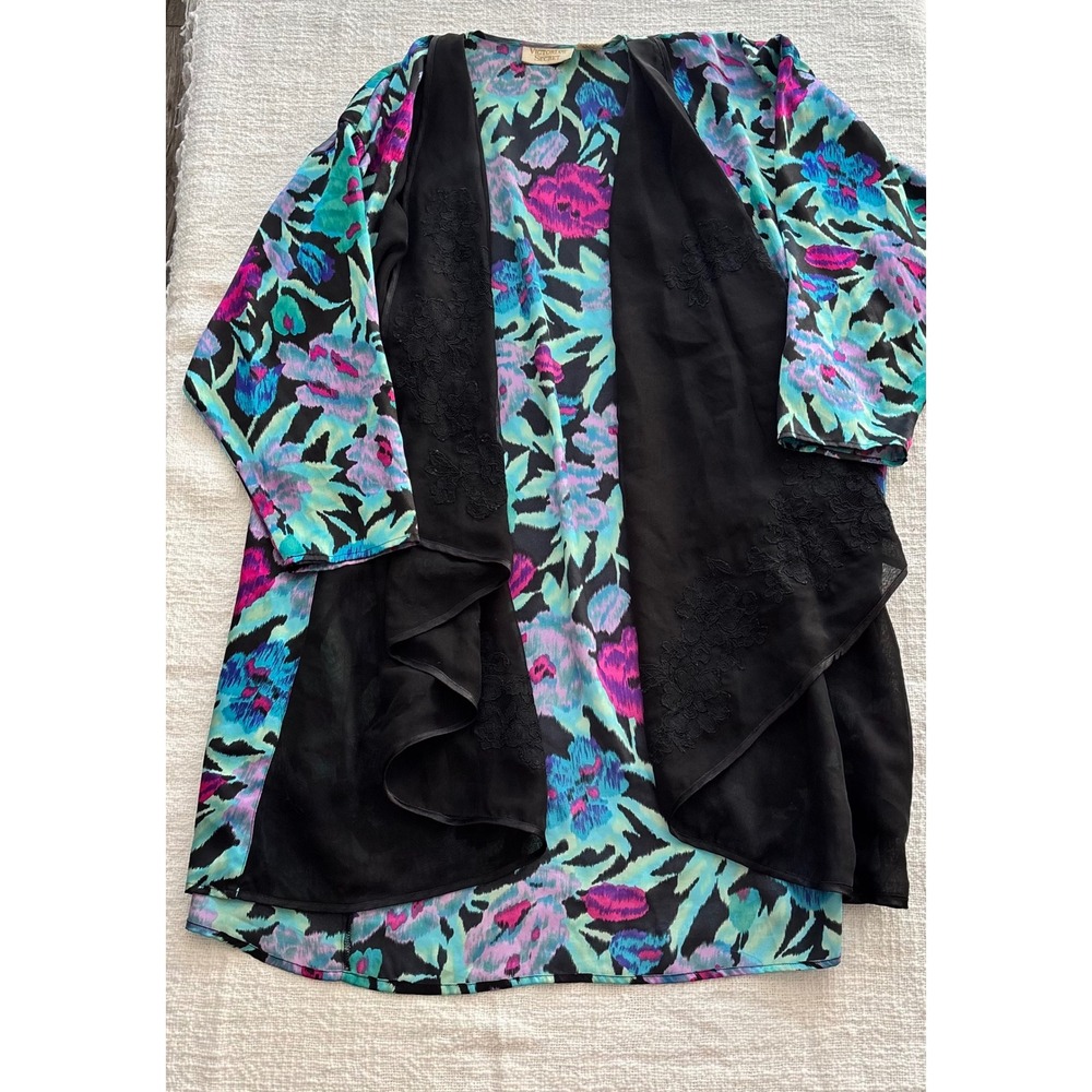 Vintage Victorias Secret Gold Label Floral Lace Trim Kimono Robe One Size OSFM